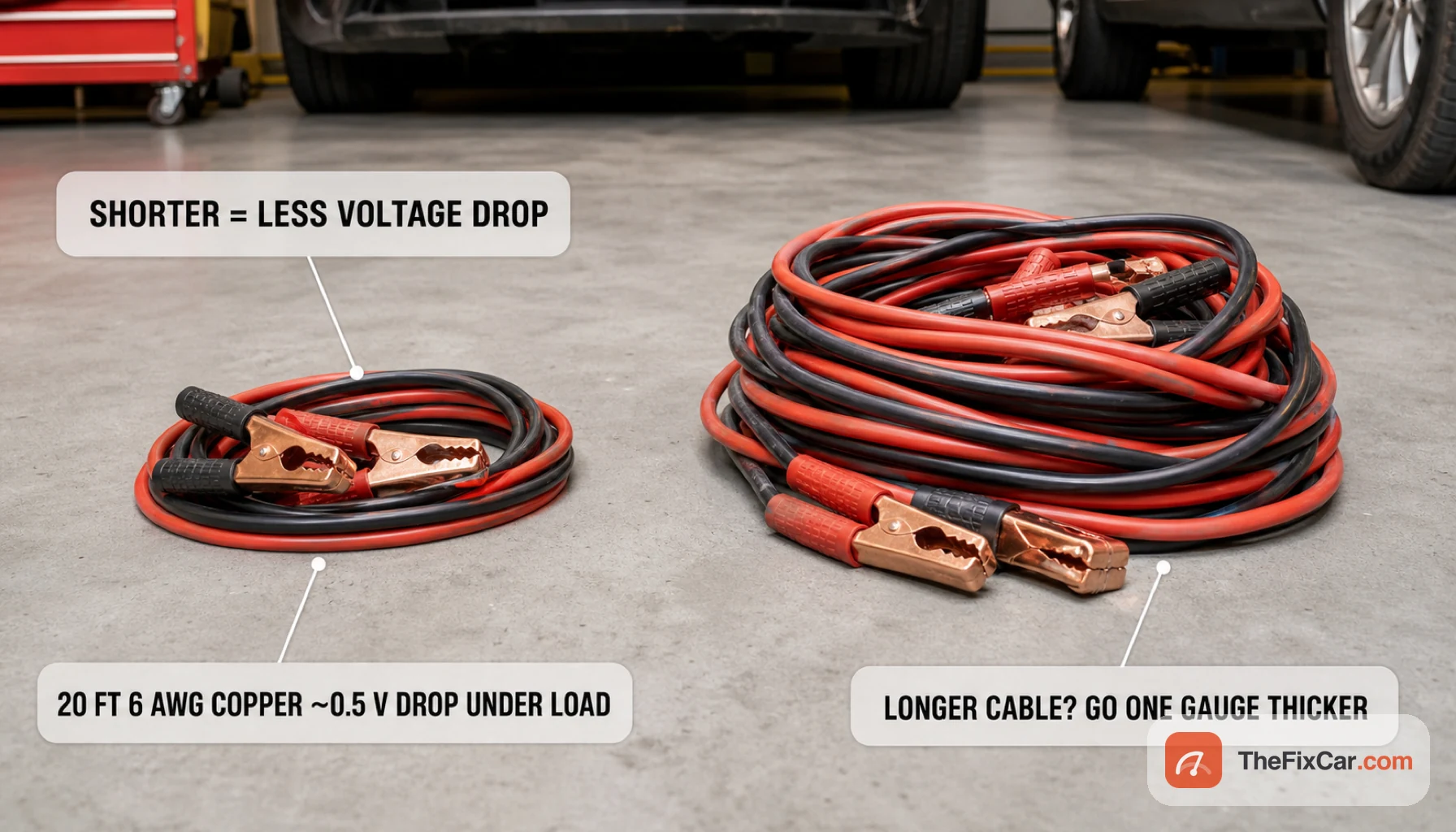 Short tidy jumper cable coil versus a long bulky coil, with a note that longer cables need one gauge thicker to offset voltage drop