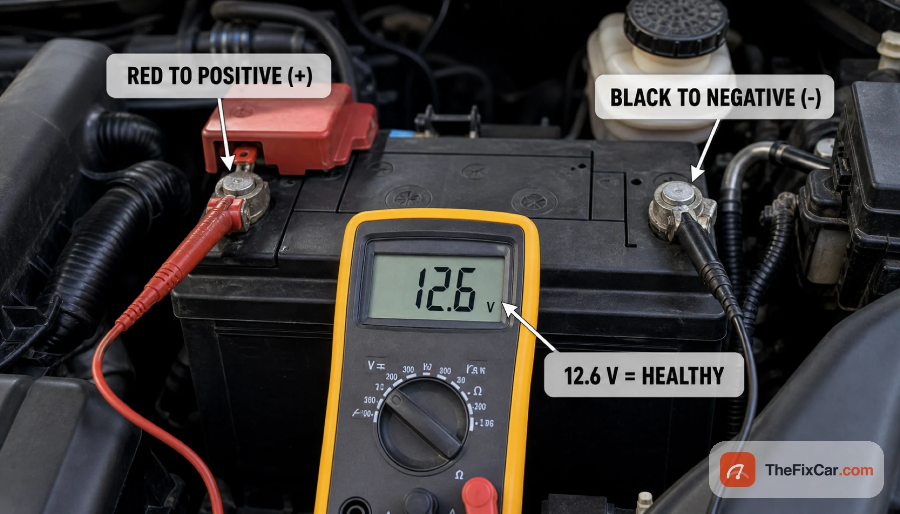 Multimeter probes on car battery terminals reading 12.6 volts, red probe on positive and black probe on negative