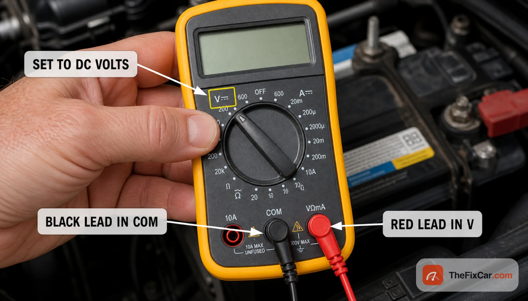 Hand setting a digital multimeter dial to DC volts with the black lead in the COM jack and red lead in the V jack