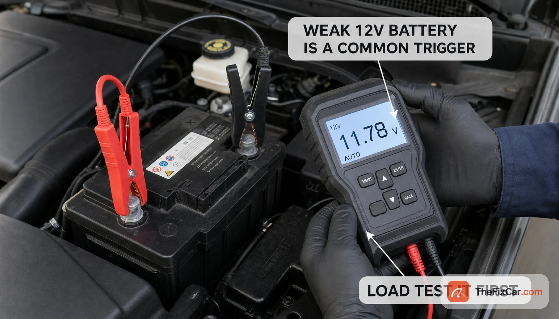 Technician load testing a car 12V battery with a digital tester reading low voltage, callouts that a weak 12V battery is a common trigger and to load test it first