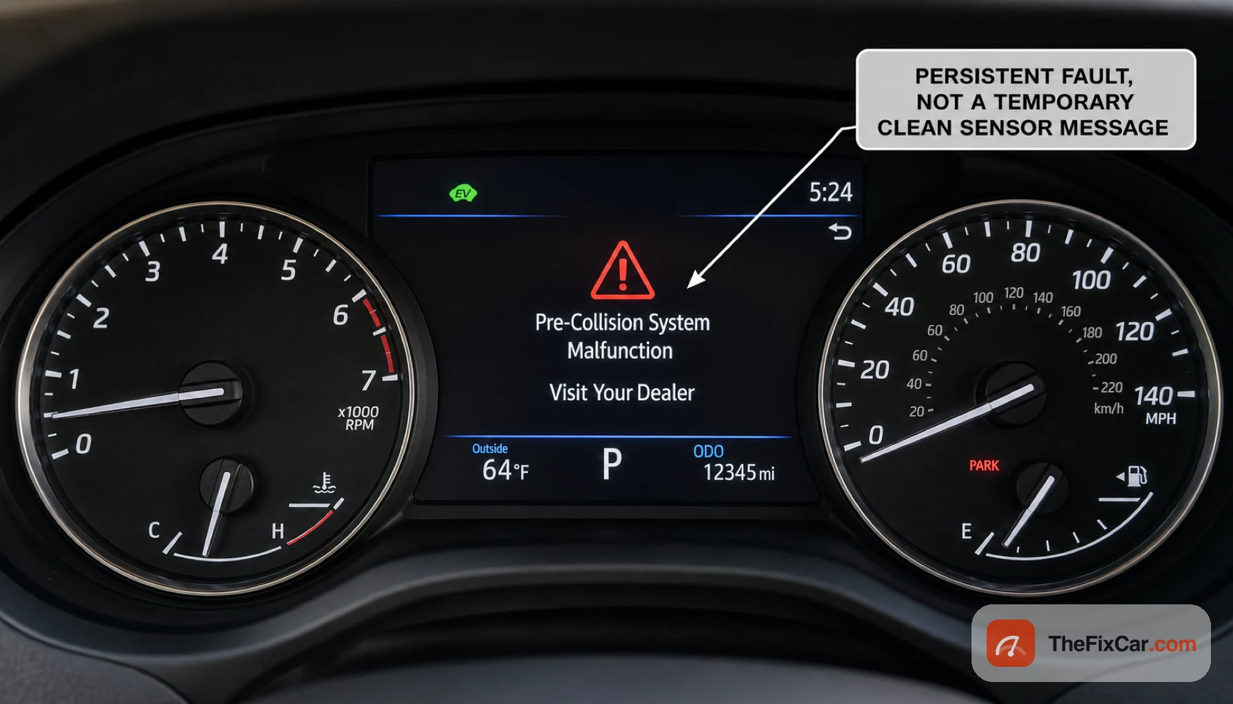 Toyota instrument cluster showing a red warning triangle with Pre-Collision System Malfunction and Visit Your Dealer, callout that this is a persistent fault, not a temporary clean sensor message