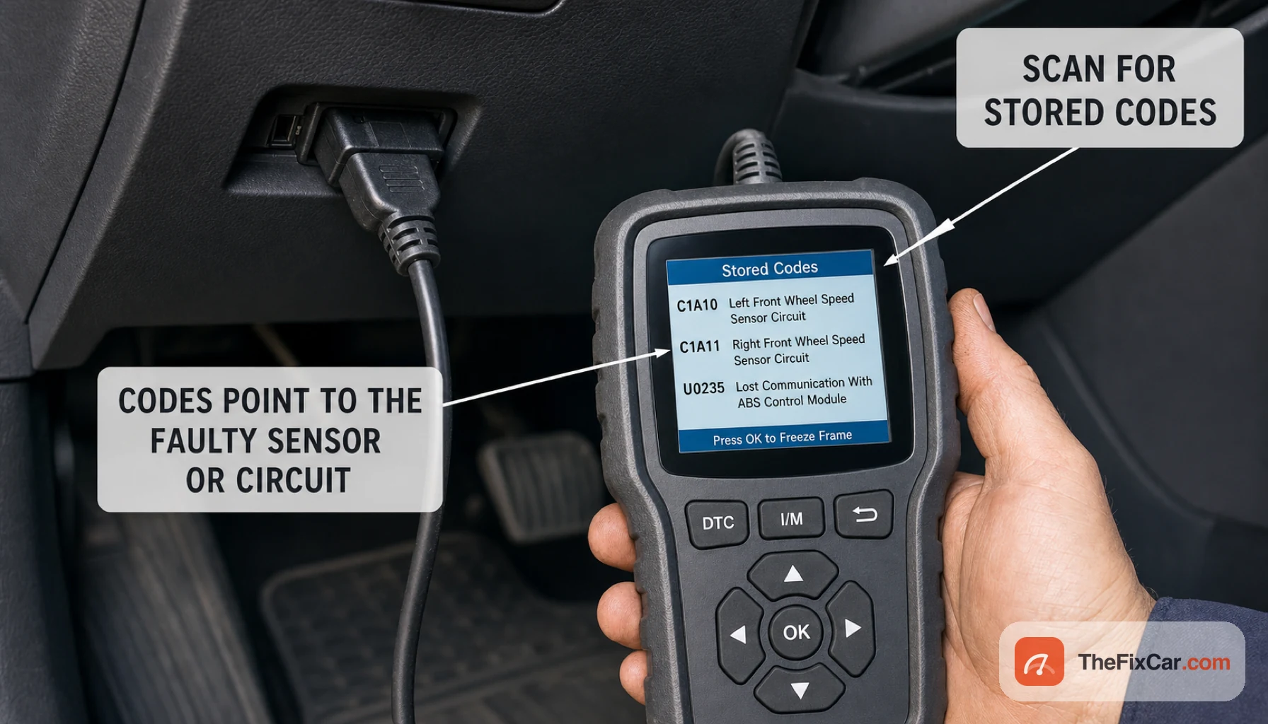 OBD2 scan tool plugged in under the dashboard showing stored trouble codes, callouts to scan for stored codes and that the codes point to the faulty sensor or circuit