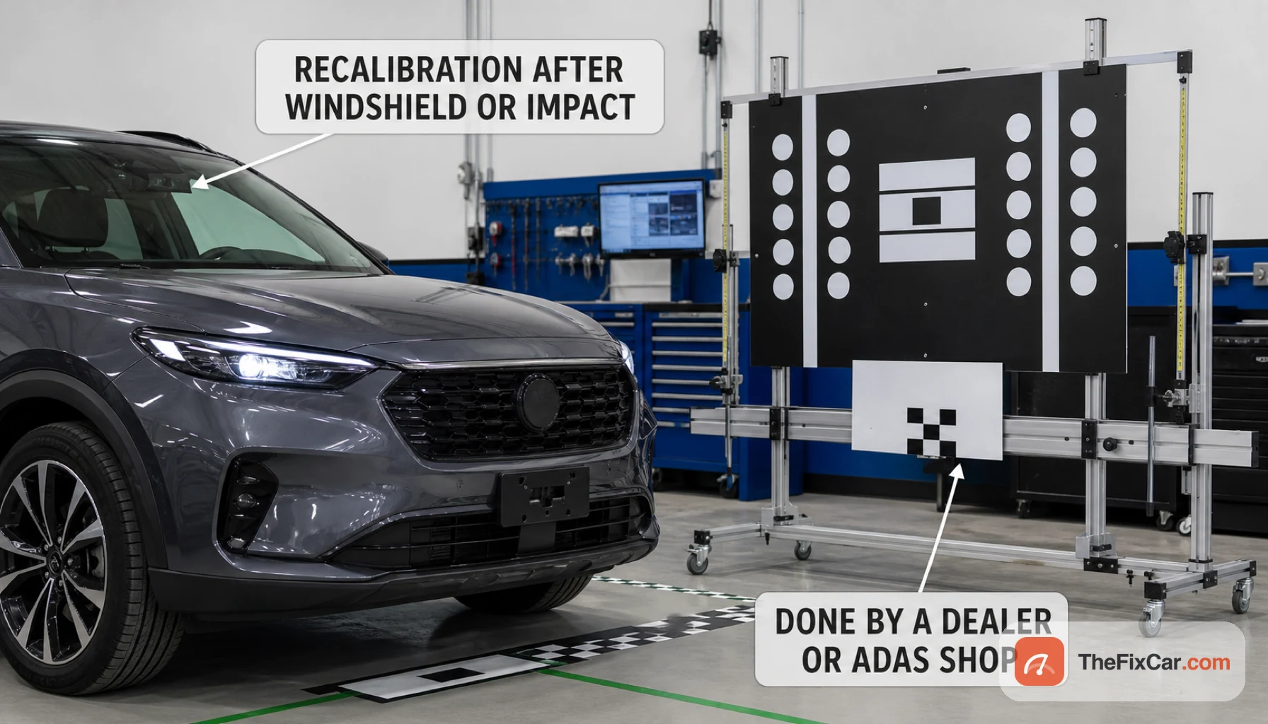 ADAS forward camera and radar recalibration target board on a stand in front of a car in a workshop, callouts that recalibration is needed after a windshield or impact and is done by a dealer or ADAS shop
