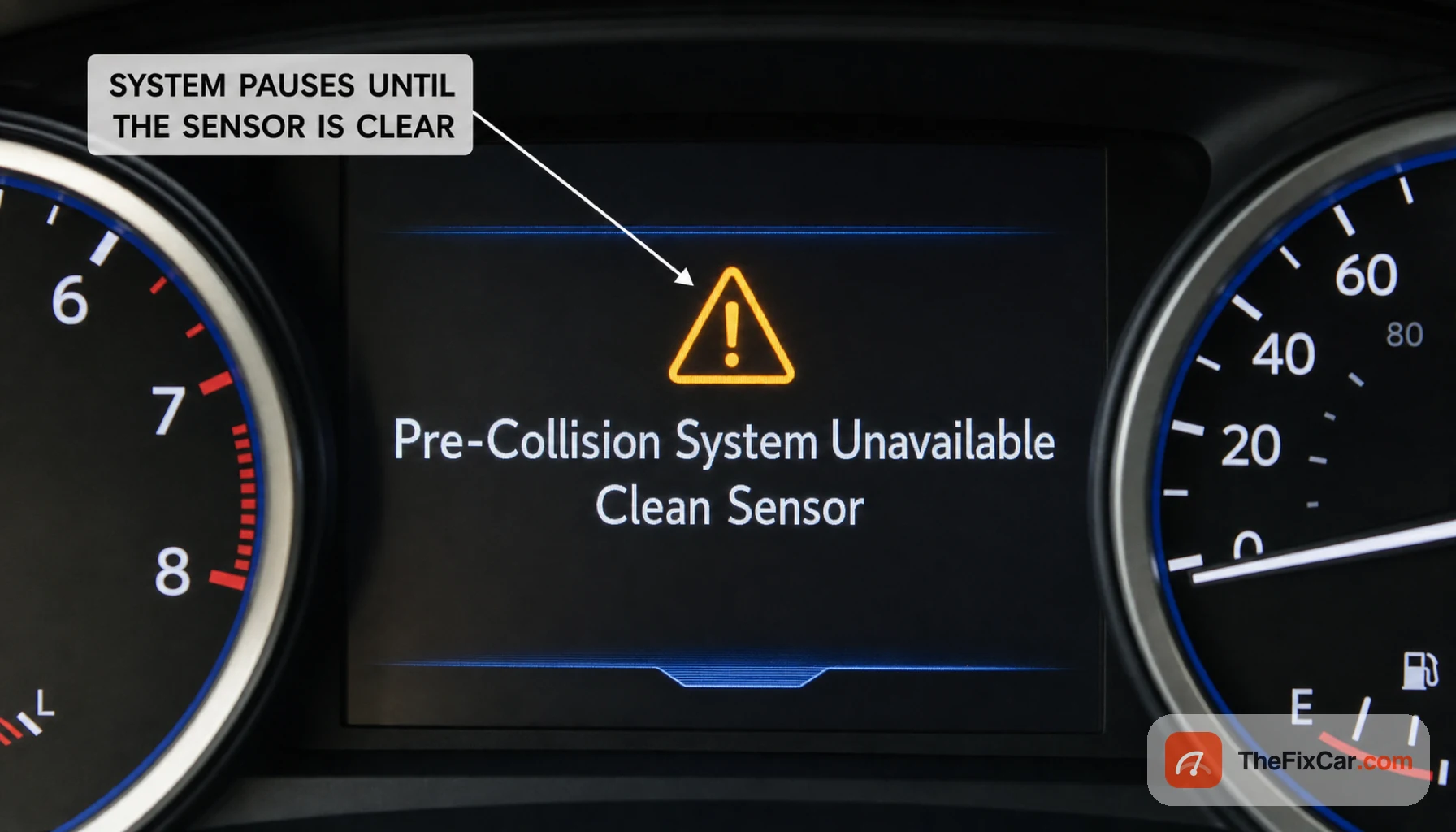 Toyota instrument cluster showing the amber message Pre-Collision System Unavailable, Clean Sensor with a warning triangle, callout that the system pauses until the sensor is clear