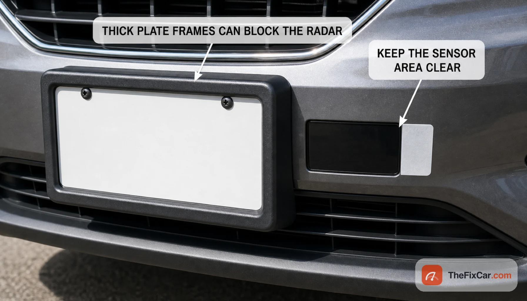 Front bumper with a thick aftermarket license plate frame near the lower radar sensor area, callouts that thick plate frames can block the radar and to keep the sensor area clear
