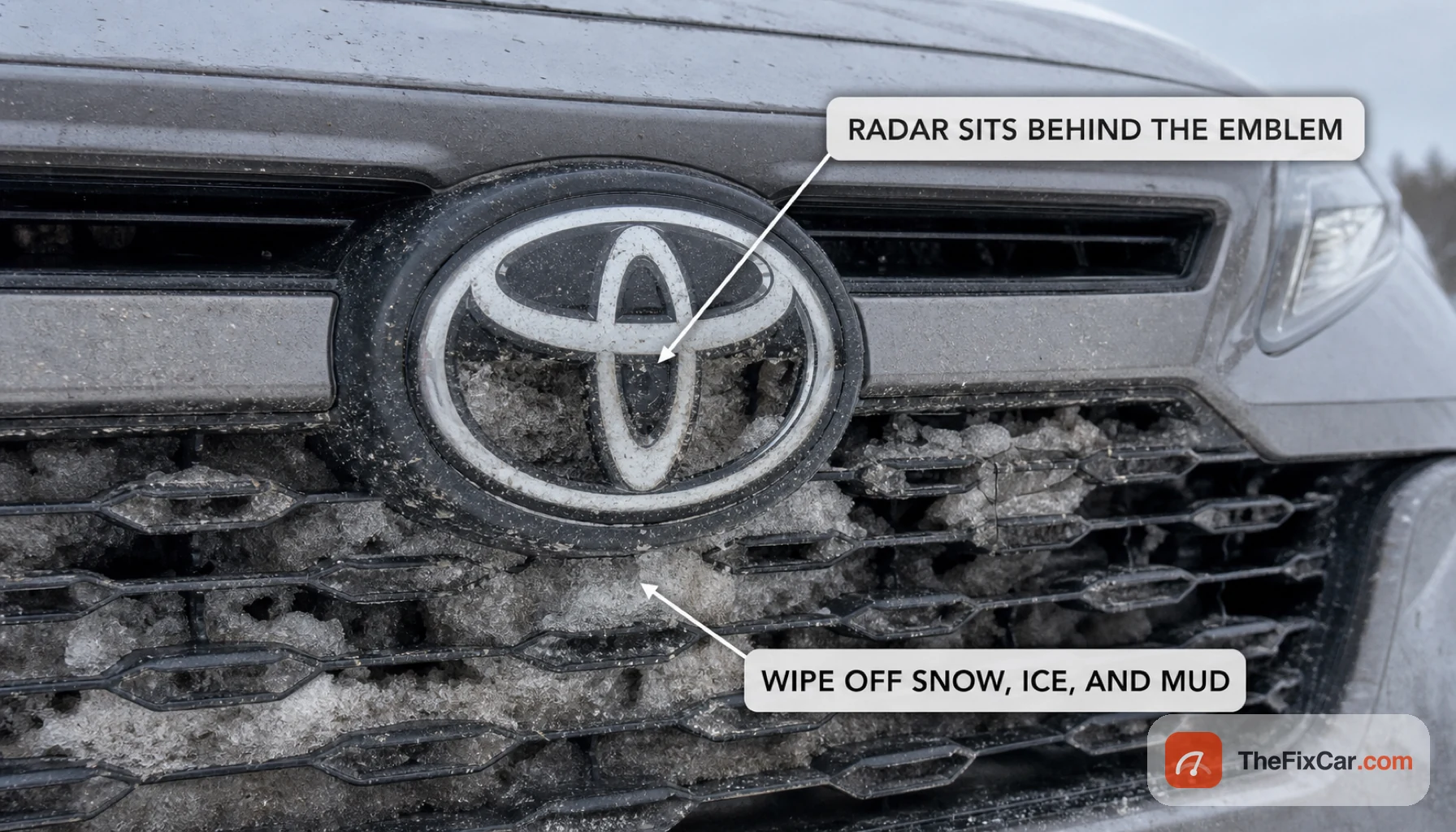 Front grille and Toyota emblem packed with snow and grime, callouts that the radar sits behind the emblem and to wipe off snow, ice, and mud