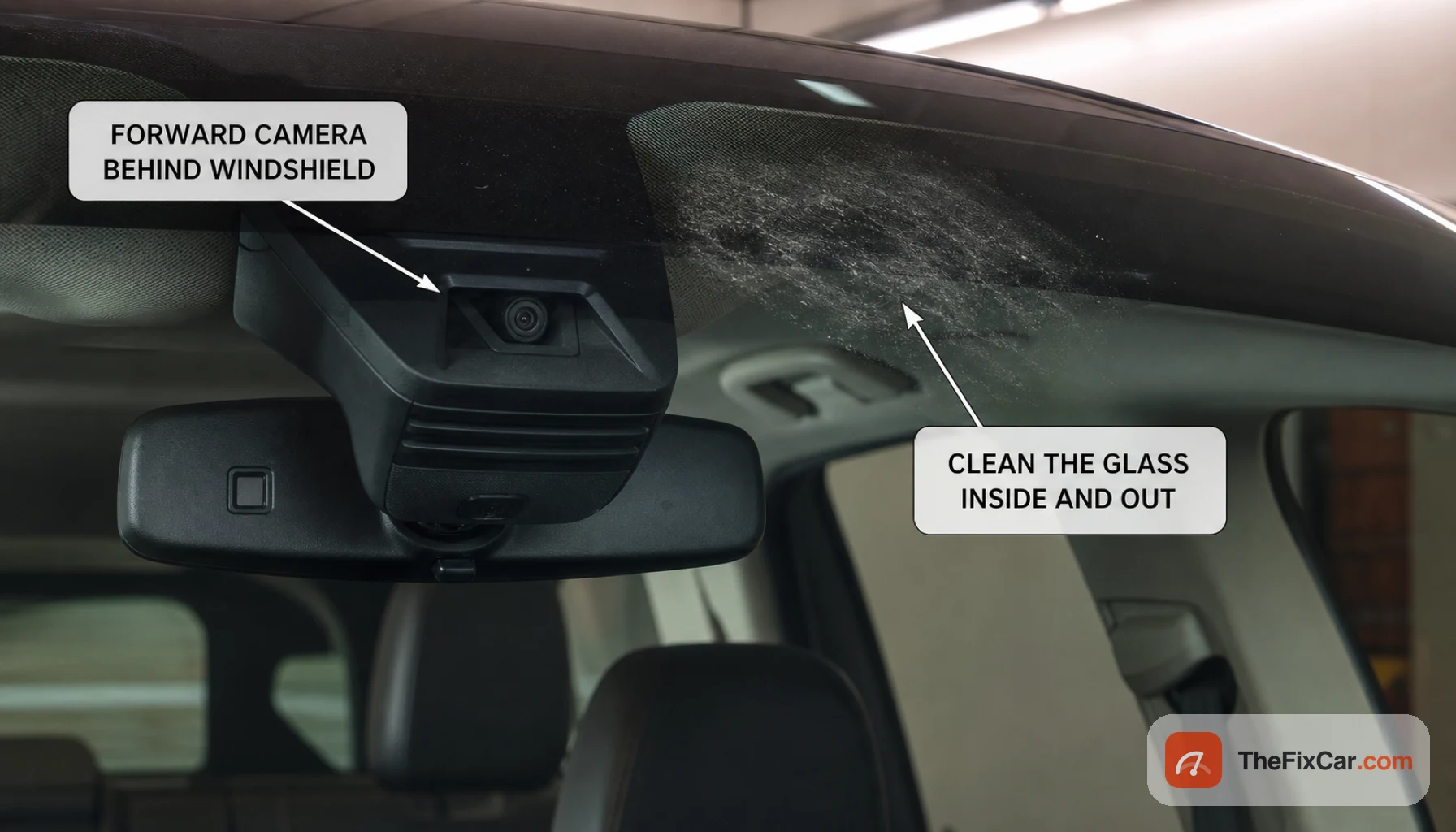 Forward-facing camera module behind the windshield near the rearview mirror with a smudged patch on the glass, callouts to clean the glass inside and out