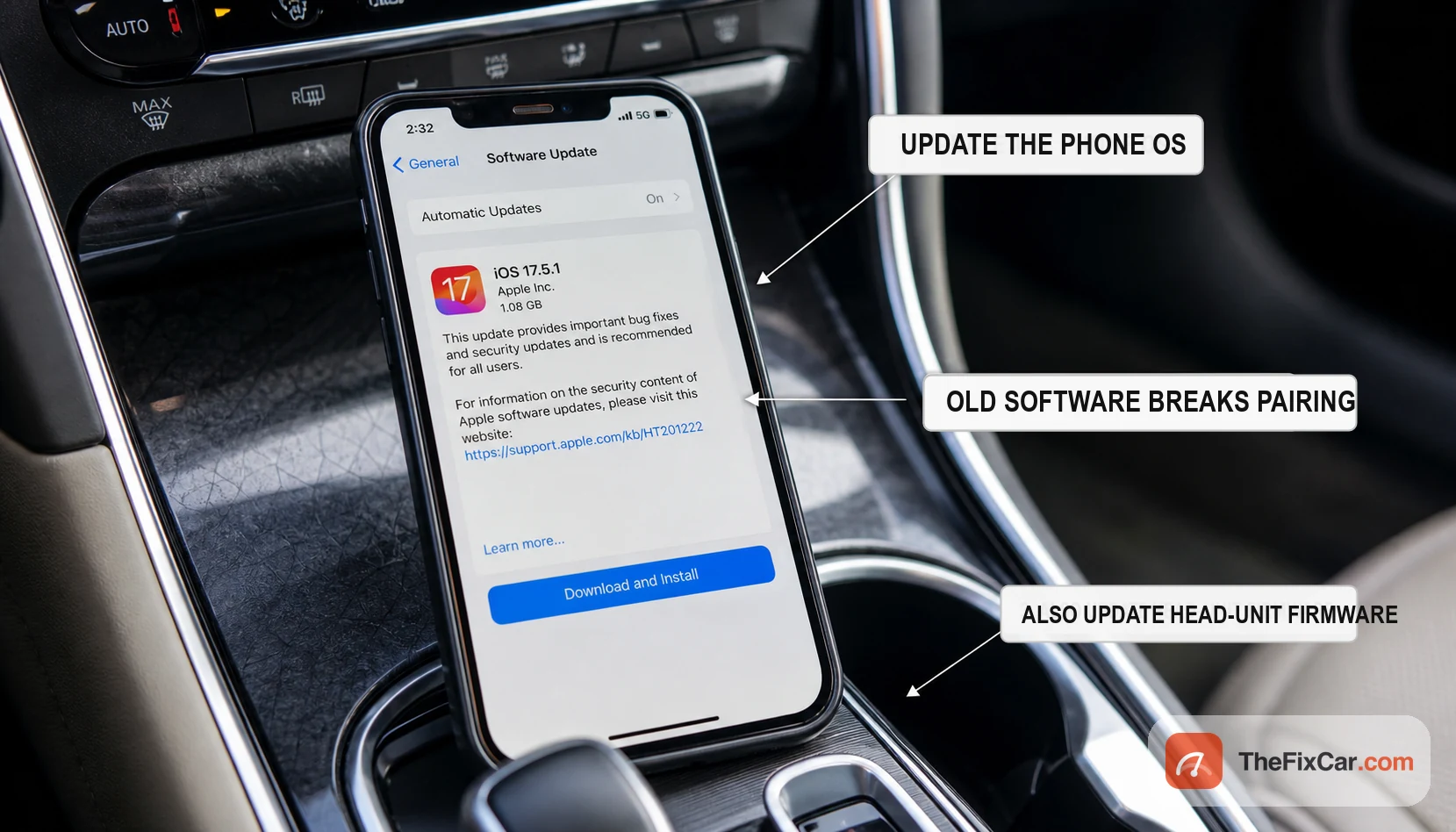 Phone software update screen on a car console, since an outdated phone OS or head-unit firmware can break Bluetooth pairing