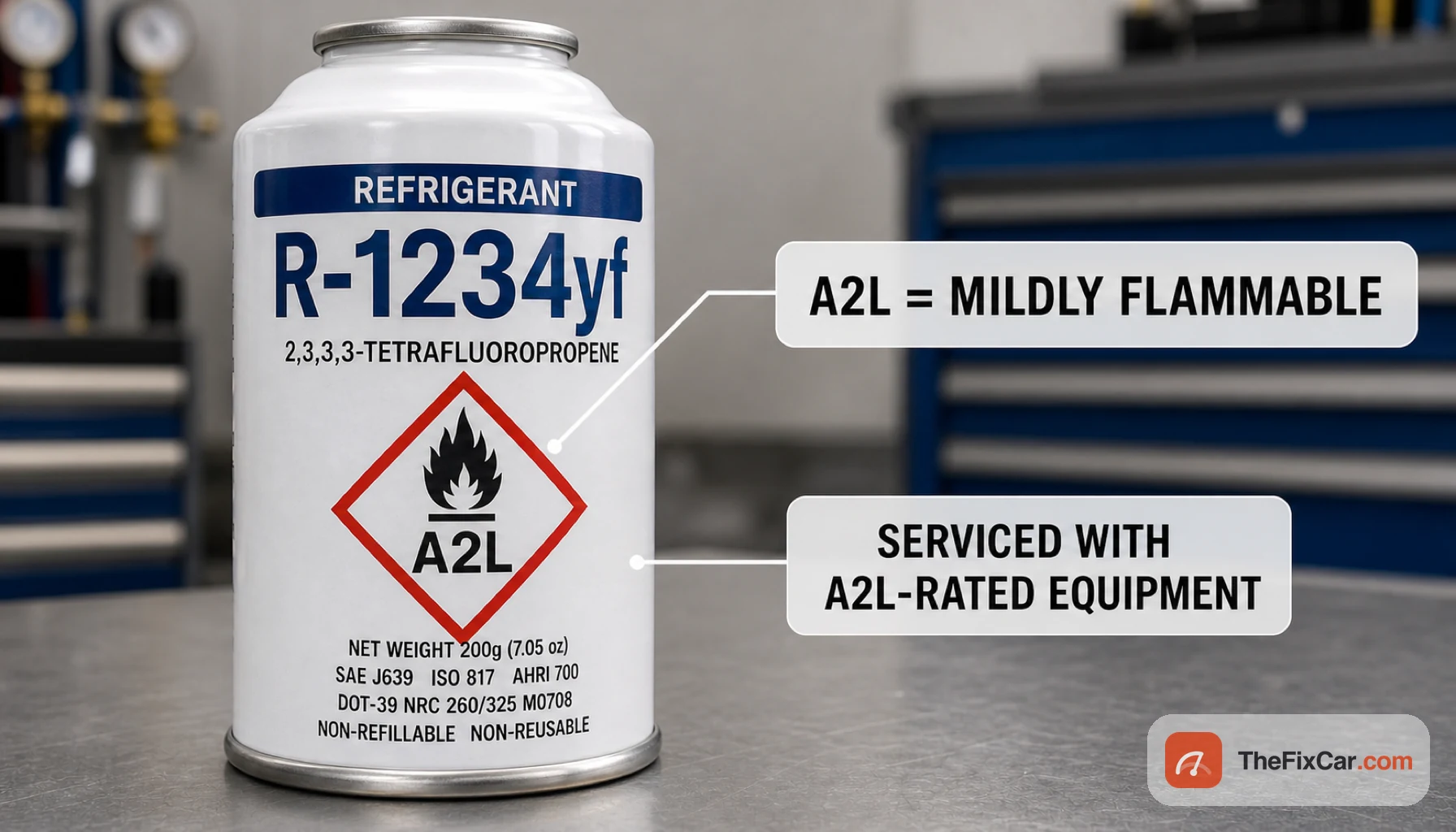 R-1234yf refrigerant can with the red A2L safety diamond and flame symbol, callouts that A2L means mildly flammable and that it is serviced with A2L-rated equipment