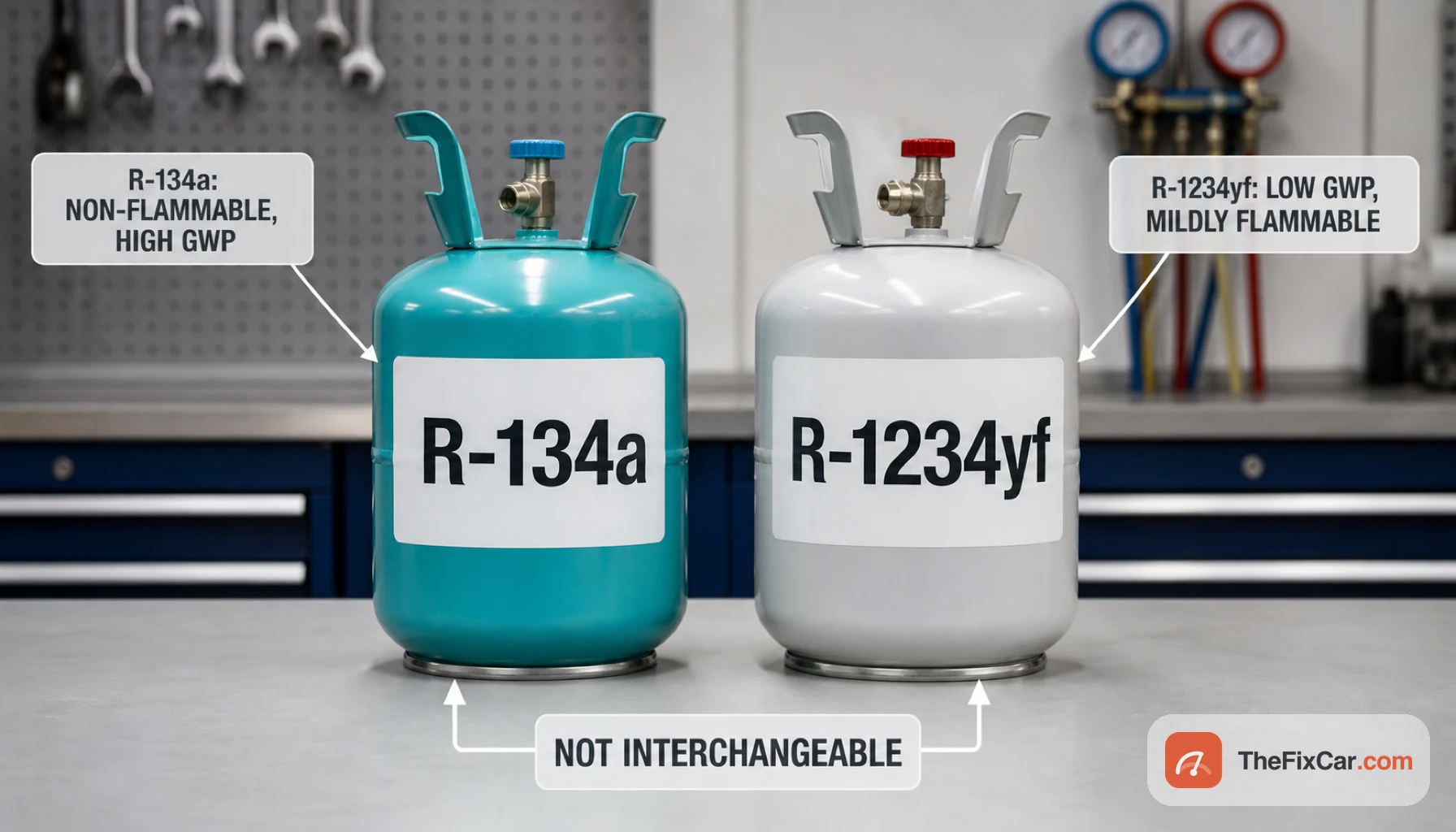 R-134a and R-1234yf refrigerant cans side by side, with callouts that R-134a is non-flammable with high GWP, R-1234yf is low GWP and mildly flammable, and the two are not interchangeable