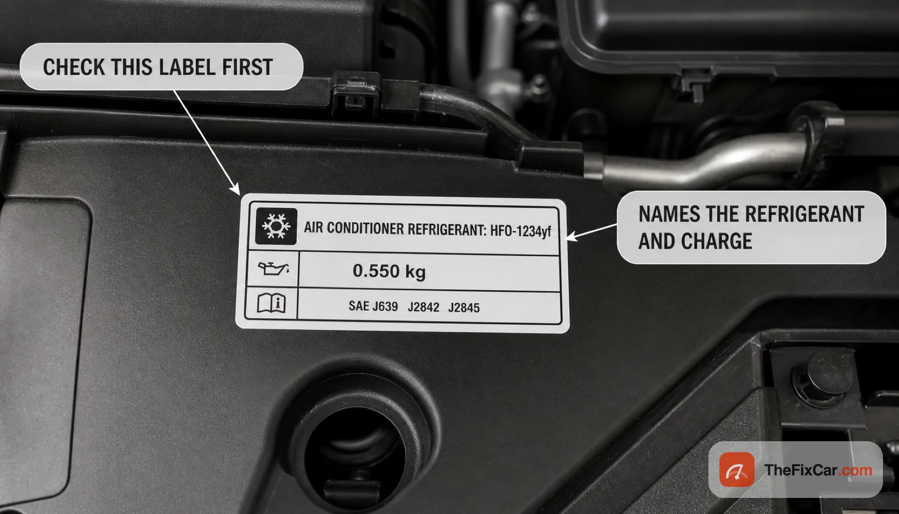 Underhood air conditioning label reading air conditioner refrigerant HFO-1234yf with a charge amount, callouts to check this label first and that it names the refrigerant and charge