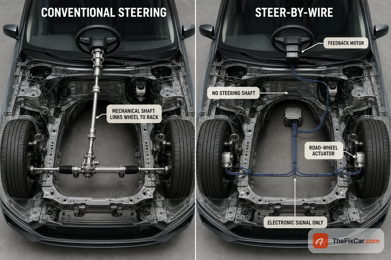 Cutaway comparison of conventional steering with a mechanical shaft to the rack versus steer-by-wire with no shaft, a feedback motor, and a road-wheel actuator linked only by electronic signal