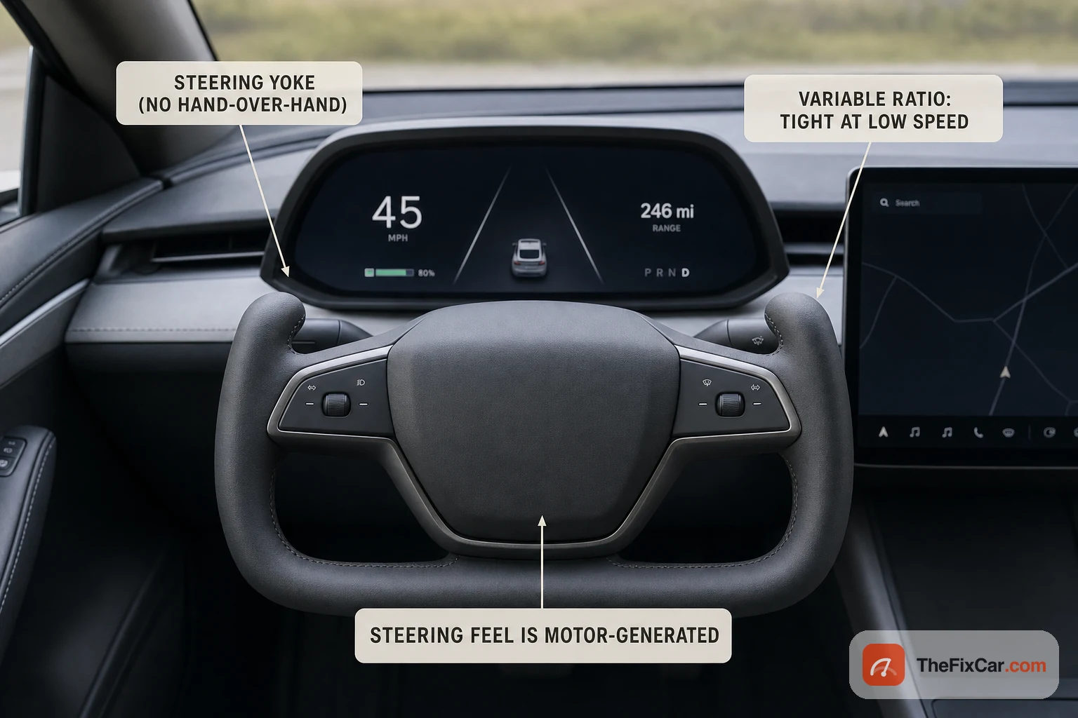 EV cockpit with a steering yoke labelled no hand-over-hand, a variable ratio that is tight at low speed, and steering feel that is generated by a motor
