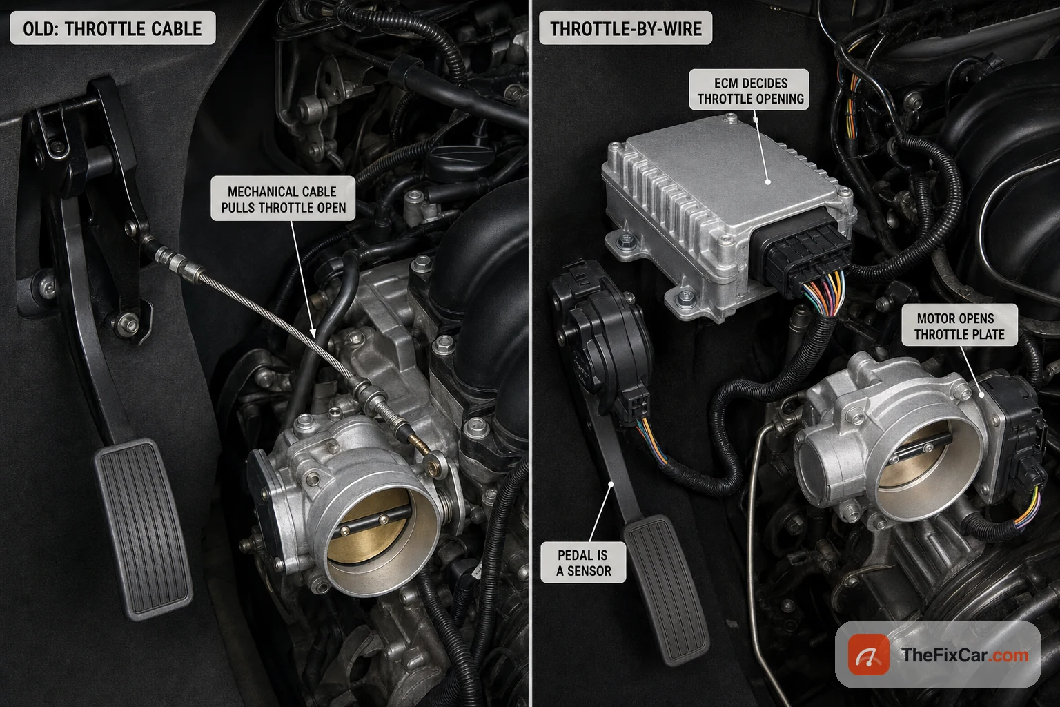 Comparison of an old mechanical throttle cable pulling the throttle open versus throttle-by-wire where the pedal is a sensor, the ECM decides the opening, and a motor opens the throttle plate