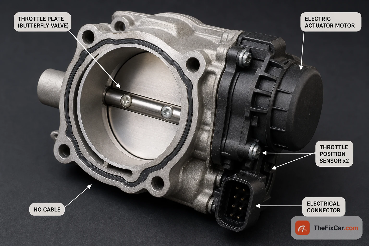 Electronic throttle body close-up showing the butterfly throttle plate, the electric actuator motor, two throttle position sensors, and an electrical connector with no cable