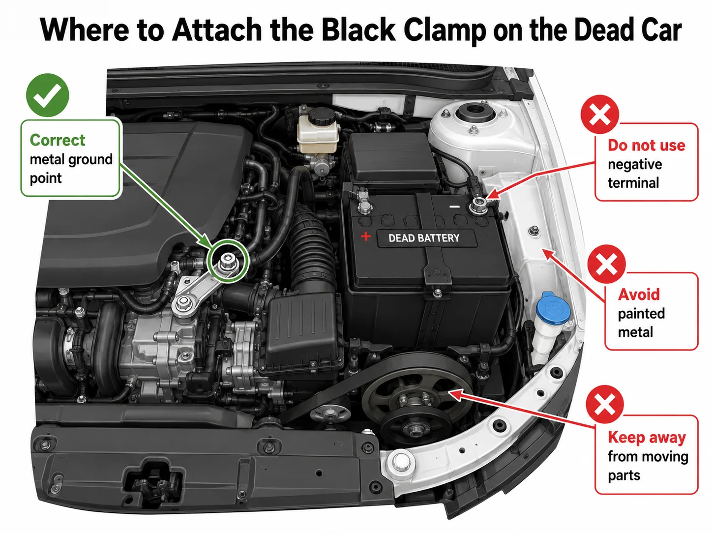 Engine bay diagram showing where to attach the black jumper cable clamp on the dead car