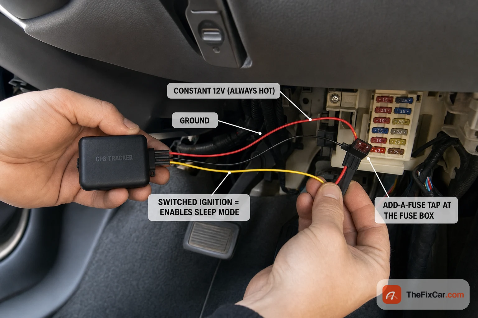 Hardwired GPS tracker under the dash with labeled constant 12V, ground, and switched-ignition wires and an add-a-fuse tap at the fuse box