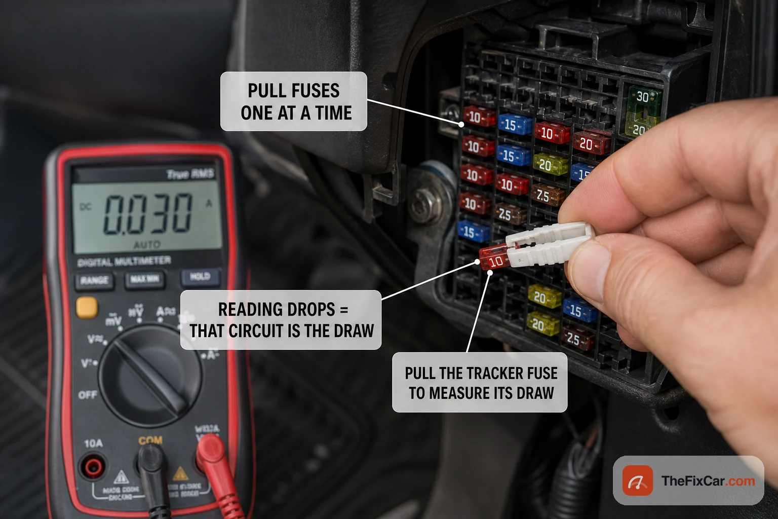 A hand pulling one fuse at a time from the fuse box while a multimeter shows 0.030 amps, isolating which circuit and the tracker fuse cause the draw