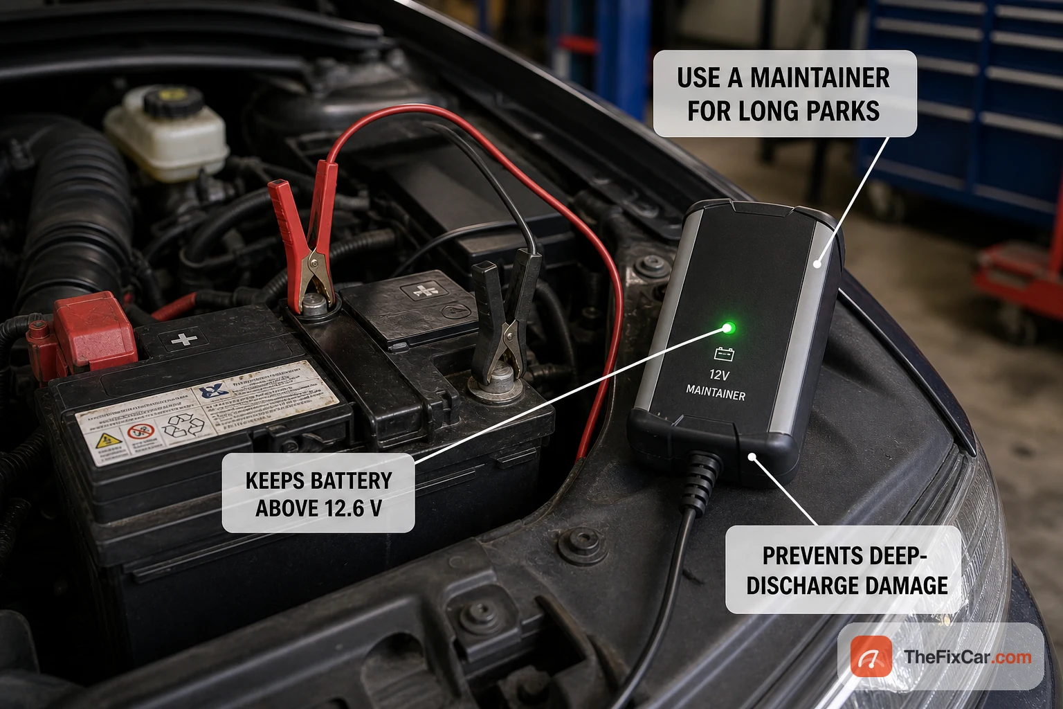A 12V battery maintainer clamped to a car battery with a green status light, keeping it above 12.6 volts to prevent deep-discharge damage during long parks