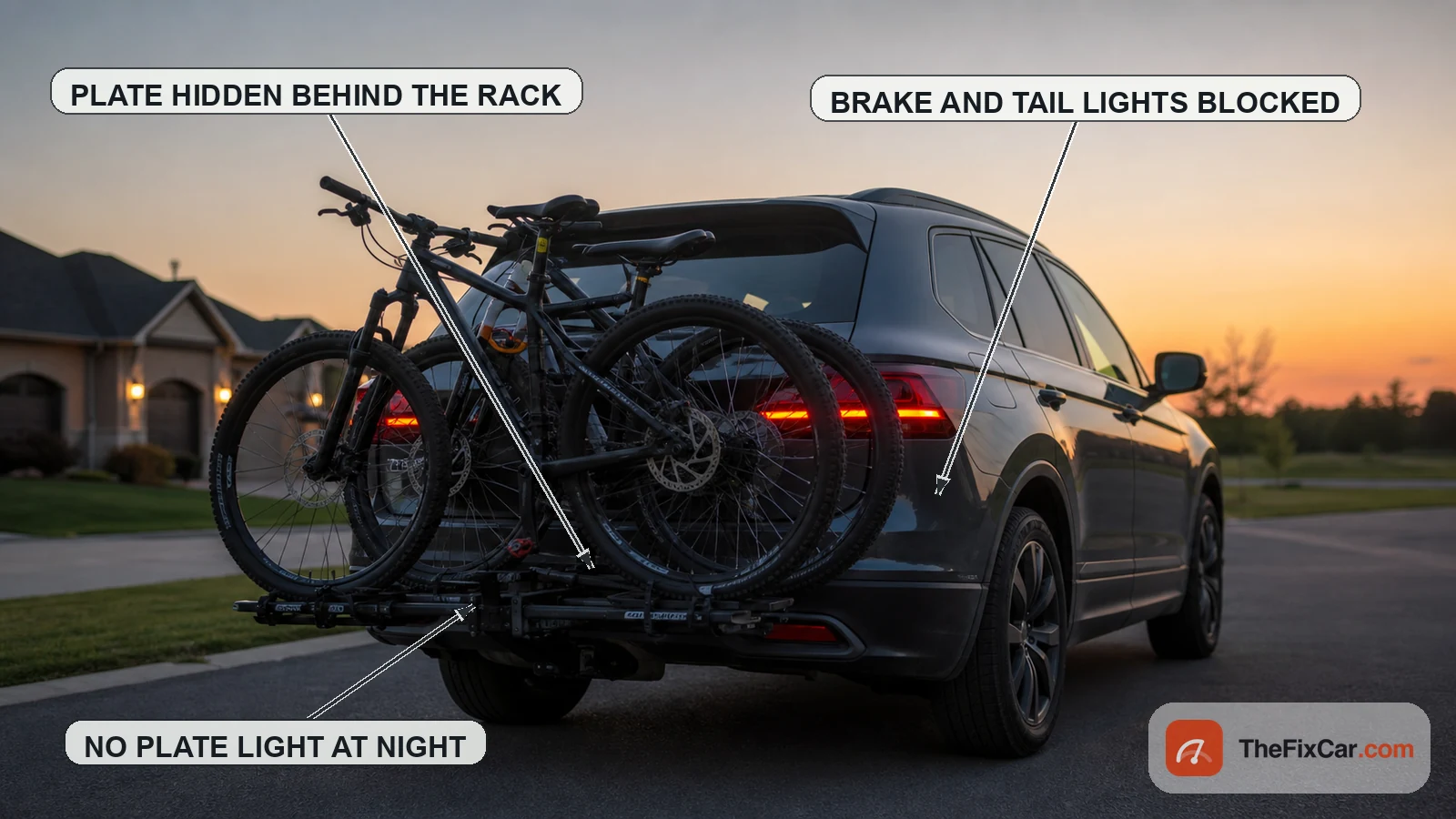 Bikes on a hitch rack covering an SUV license plate and rear lights, callouts for the problem