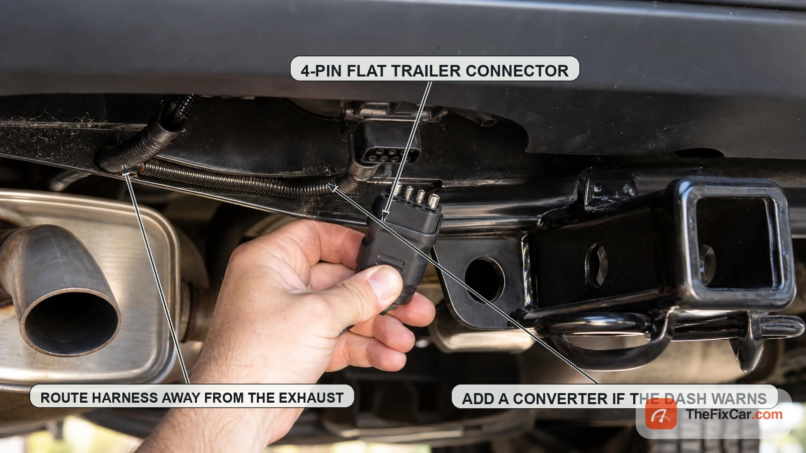 Hand plugging a 4-pin flat trailer connector near a tow hitch, wiring callouts