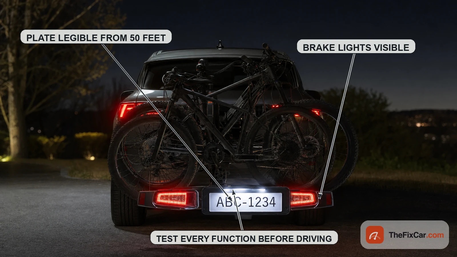 Car at night with a loaded bike rack showing a lit license plate and glowing brake lights