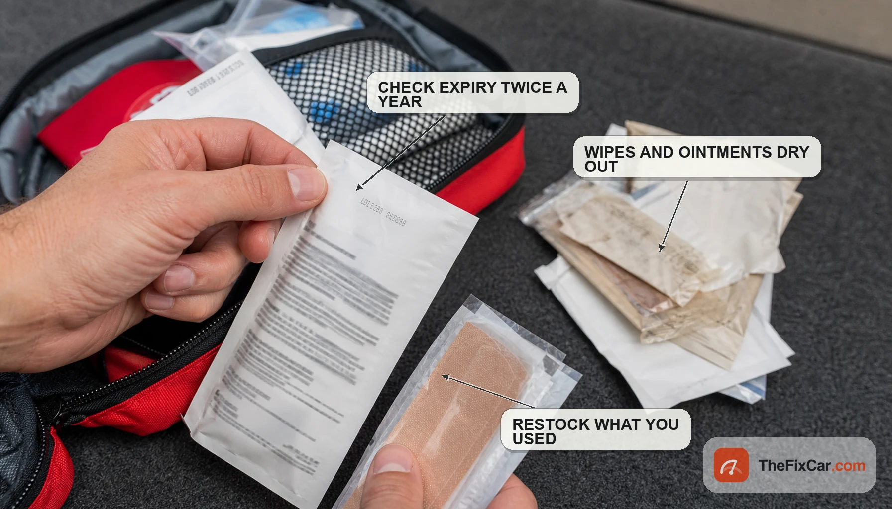 Hand checking the printed expiration date on antiseptic wipes and bandages from a car first aid kit, with dried-out expired packets set aside to restock
