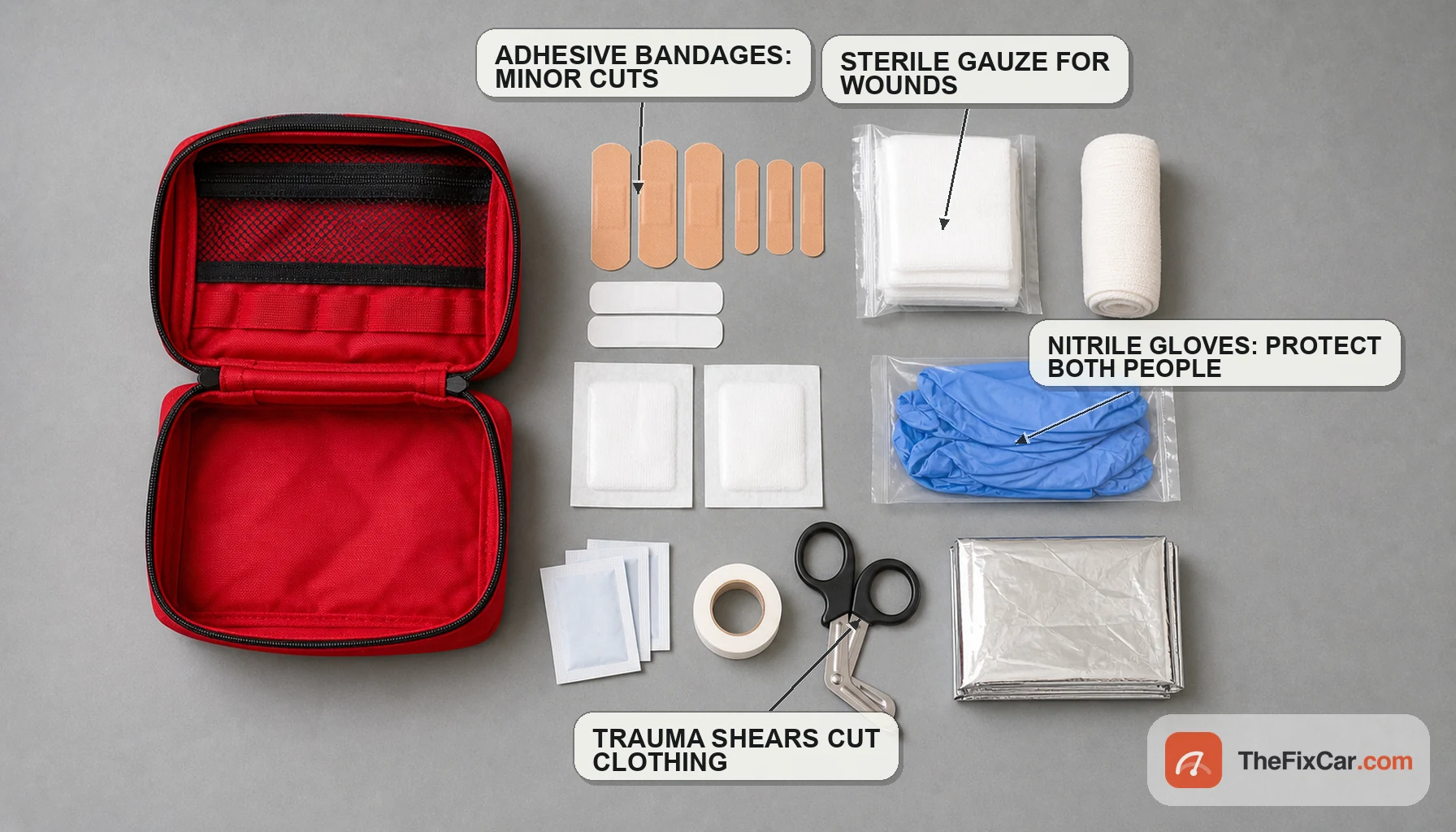 Opened car first aid kit with contents laid out and labeled: adhesive bandages for minor cuts, sterile gauze for wounds, nitrile gloves, trauma shears to cut clothing, roller bandage, tape, and a foil blanket