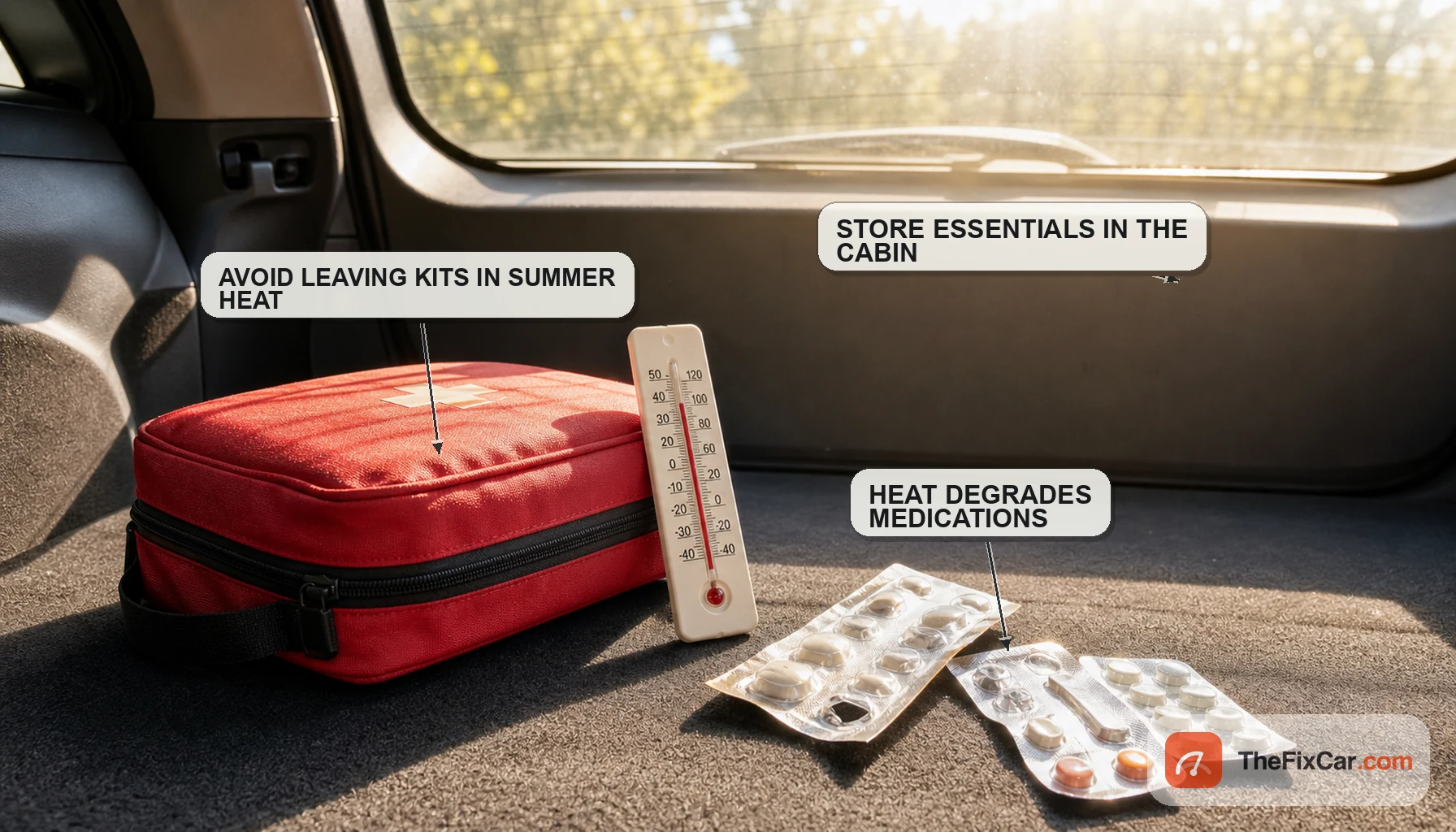 First aid kit and blister-pack medications in a hot sunlit car trunk next to a thermometer, showing that heat degrades medications and essentials should be stored in the cooler cabin