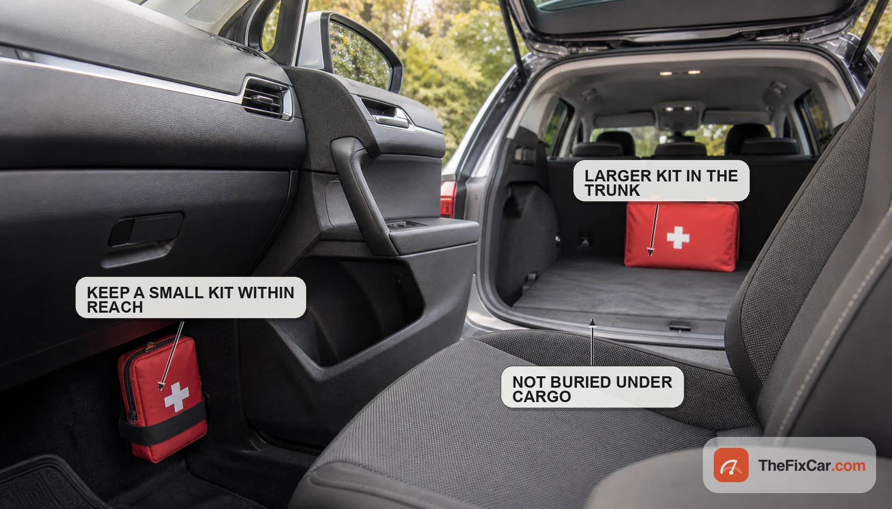 Car interior showing a small red first aid kit kept within reach in the cabin and a larger kit in the open trunk sitting on top of the cargo area, not buried