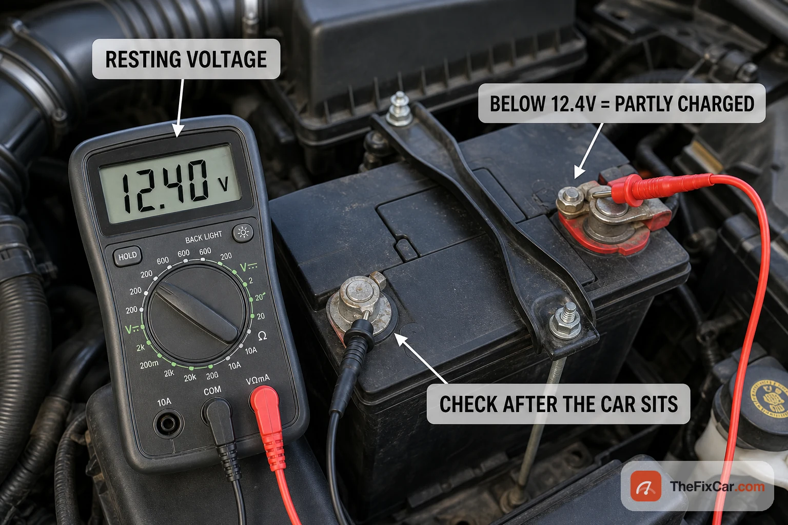 Digital multimeter reading 12.40 volts across a car battery's terminals, showing resting voltage after the car has sat