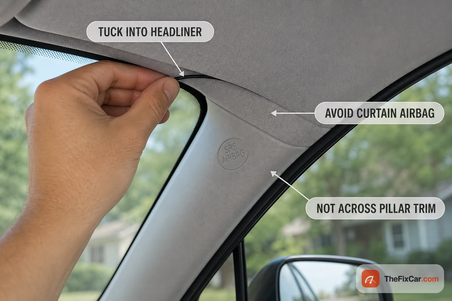 A hand tucking a dash cam cable into the headliner and A-pillar trim, routed away from the curtain airbag