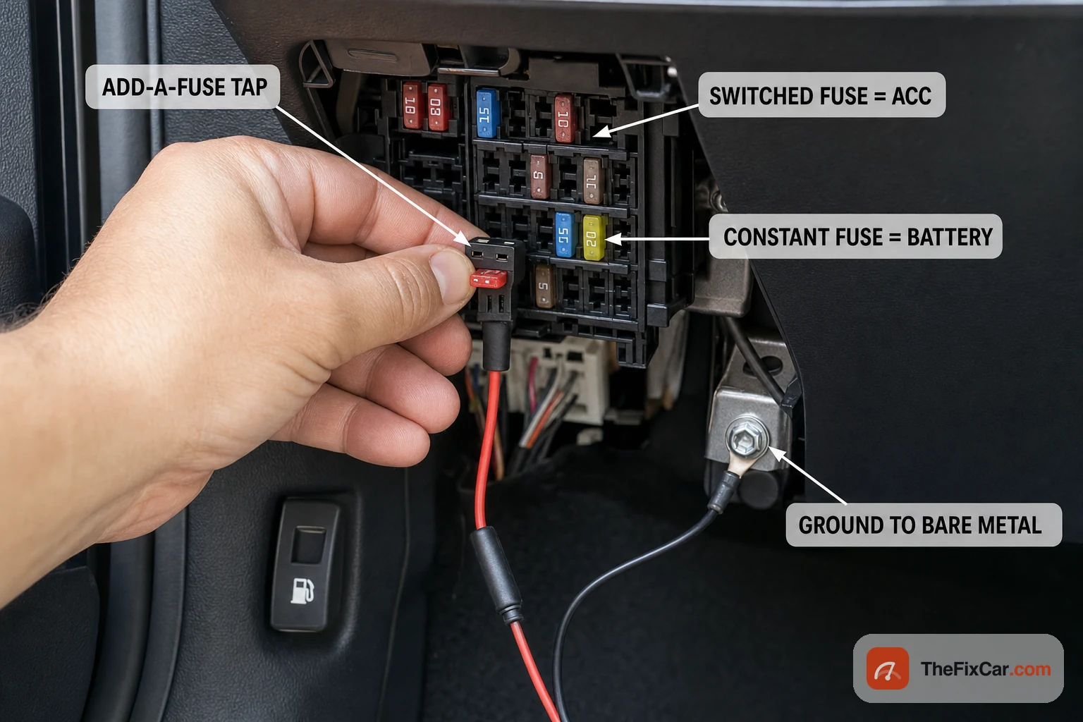 A hand inserting an add-a-fuse tap into a car fuse box, with labels for the switched ACC fuse, the constant battery fuse, and a bare-metal ground