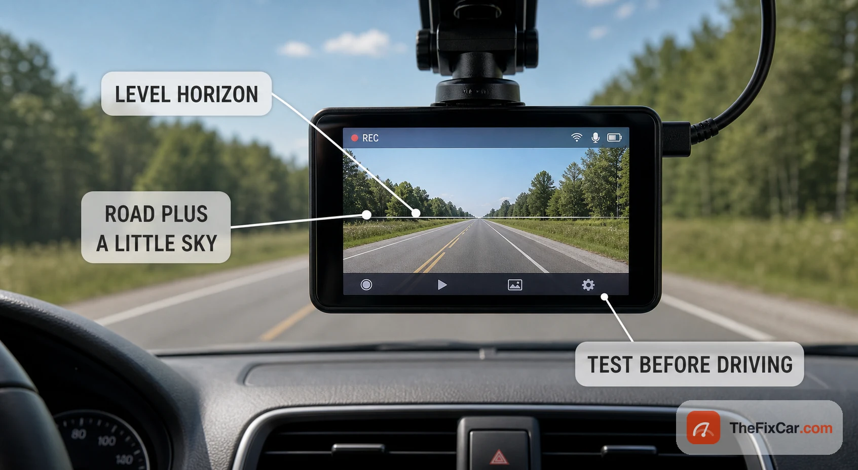 A dash cam preview showing a level, centered view of the road, checked before driving