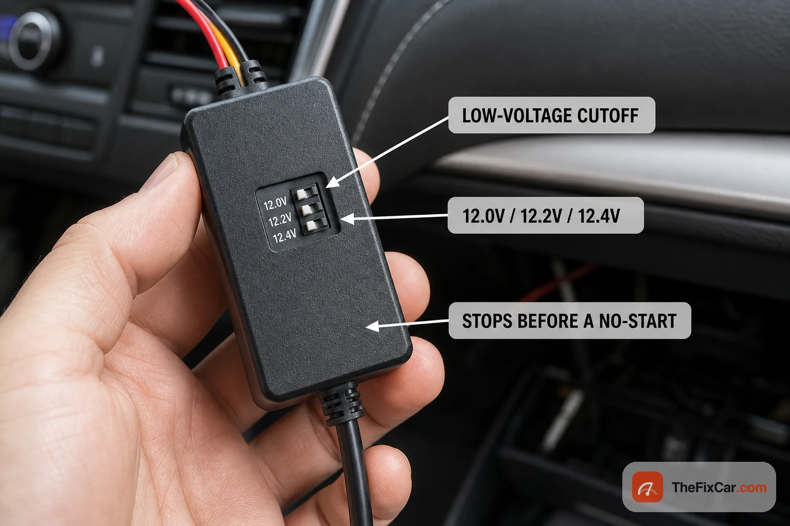 Dash cam hardwire kit control box with a low-voltage cutoff switch set between 12.0V, 12.2V, and 12.4V to protect the car battery
