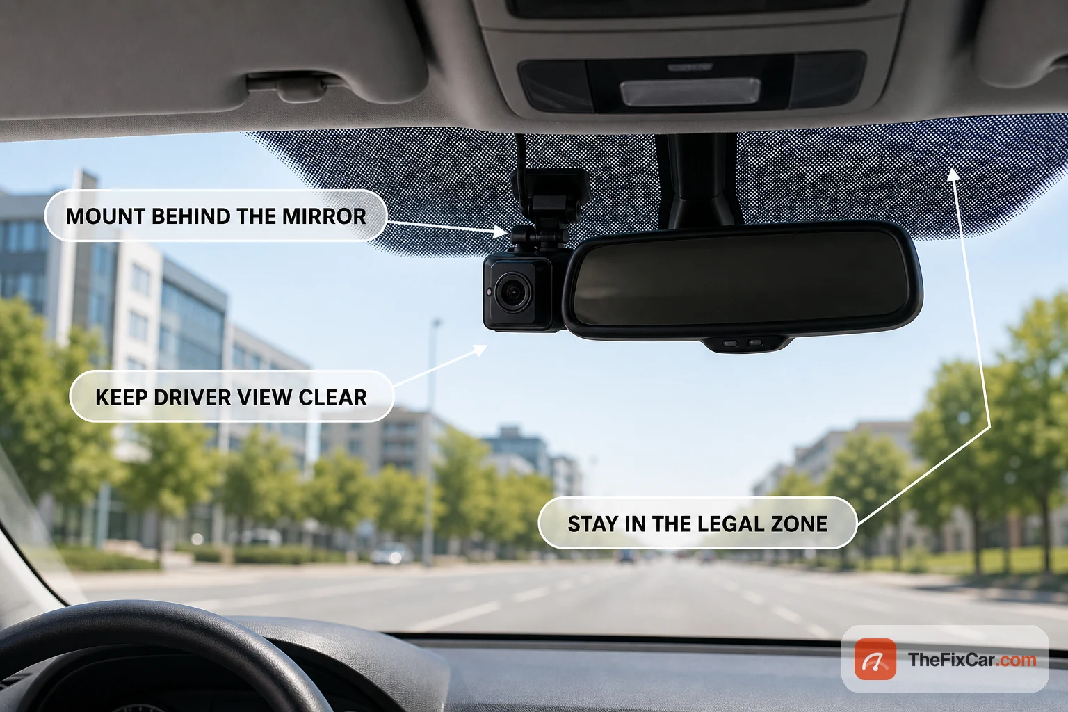 A dash cam mounted just behind the rearview mirror, keeping the driver's forward view clear and inside the legal windshield zone