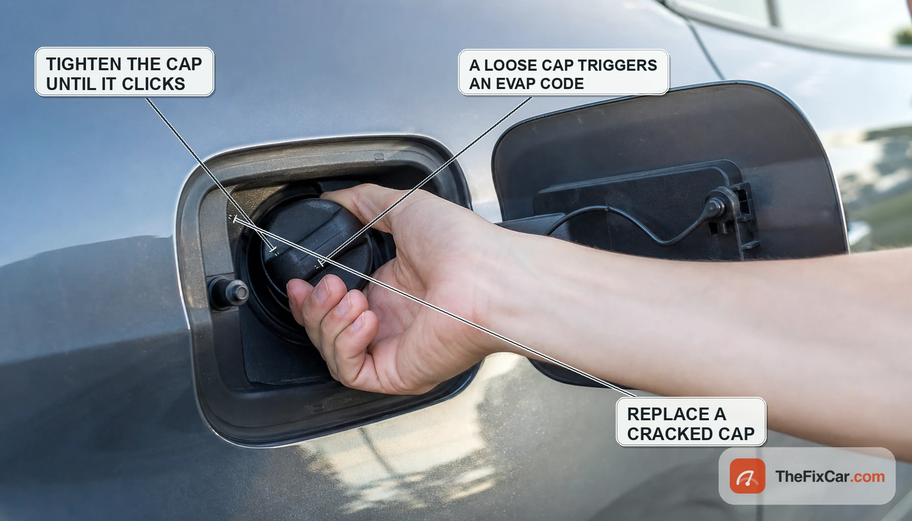 Hand tightening a car fuel filler cap with callouts to tighten until it clicks, that a loose cap triggers an EVAP code, and to replace a cracked cap