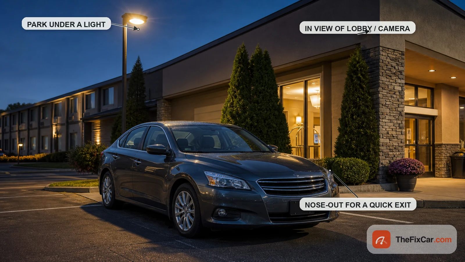 Sedan parked under a light near a lit hotel entrance, callouts for choosing a safe overnight spot