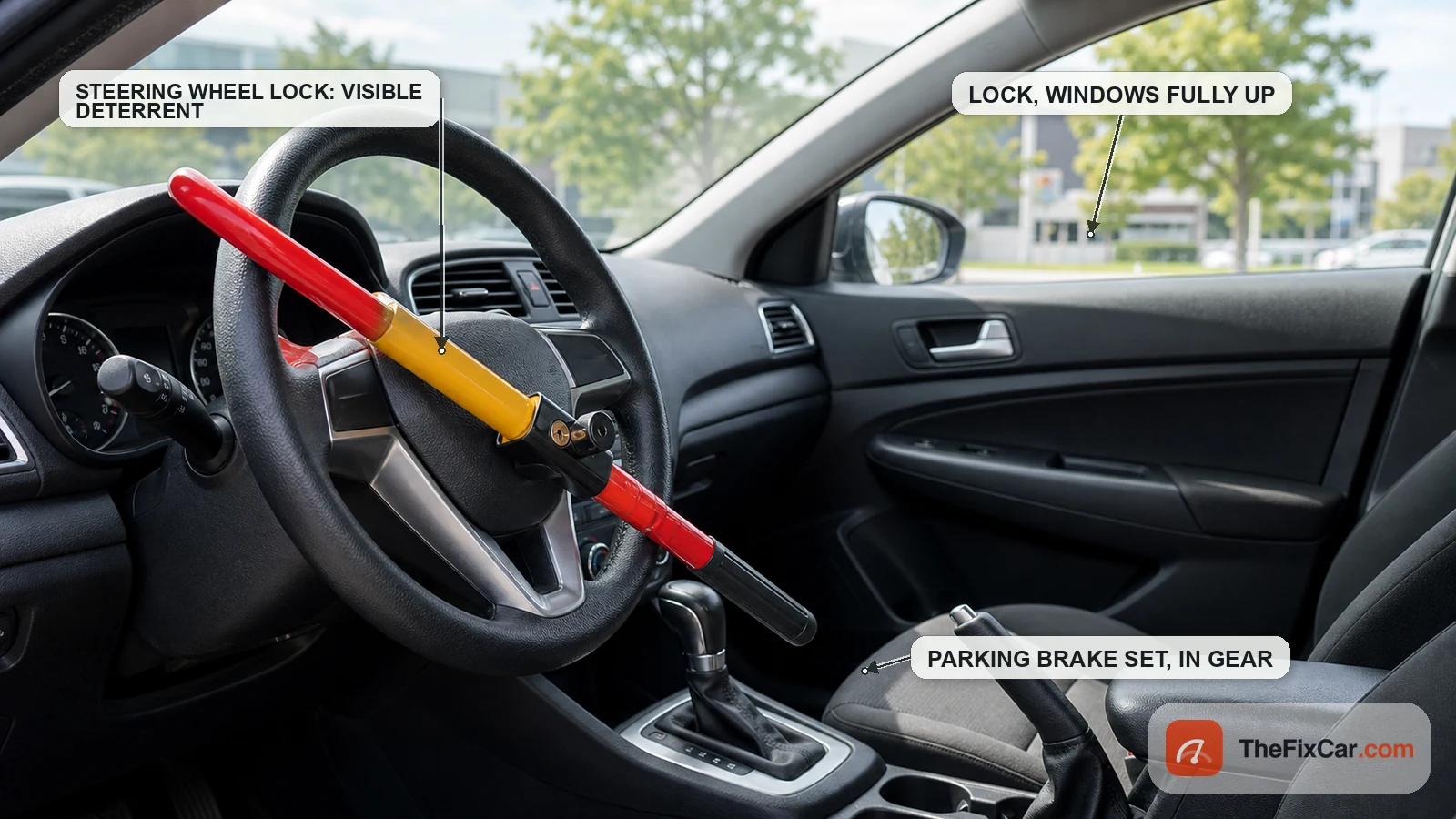 Steering wheel lock on a car with callouts for visible theft deterrents