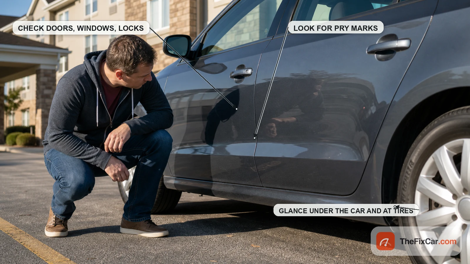 Driver inspecting a car in a hotel lot with callouts for a morning walk-around