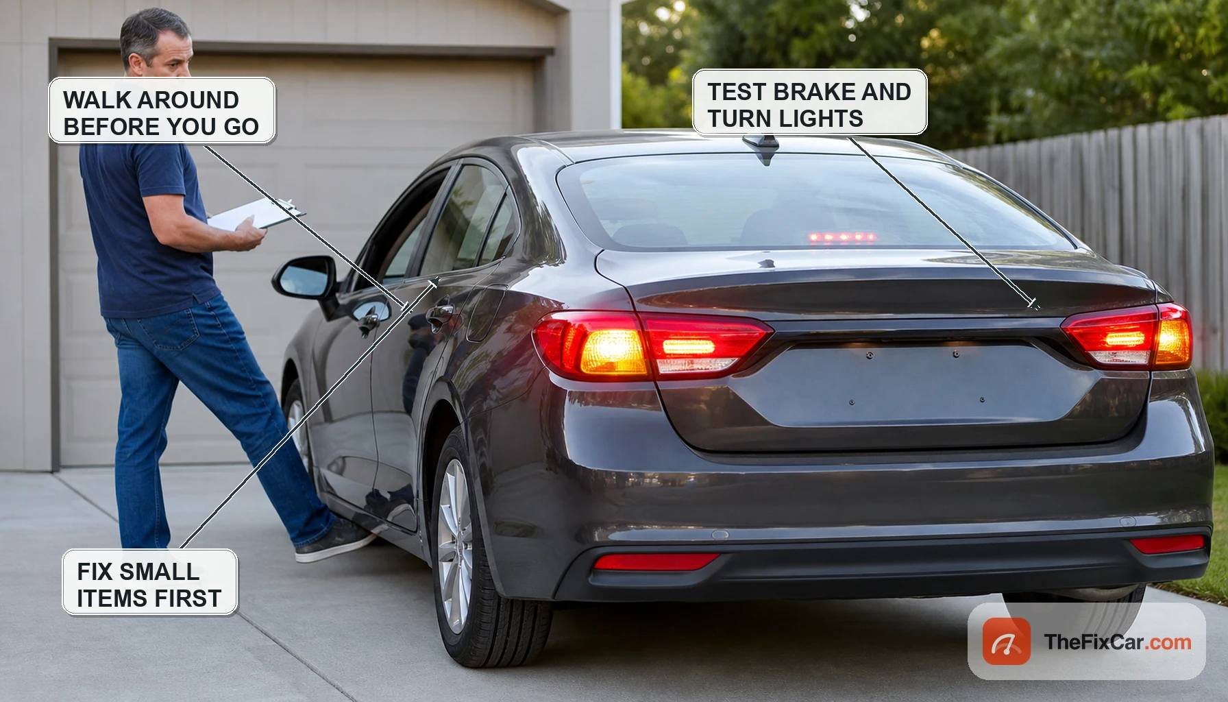Driver doing a walk-around of a car in a driveway checking glowing brake and turn lights while holding a checklist, with a reminder to fix small items first