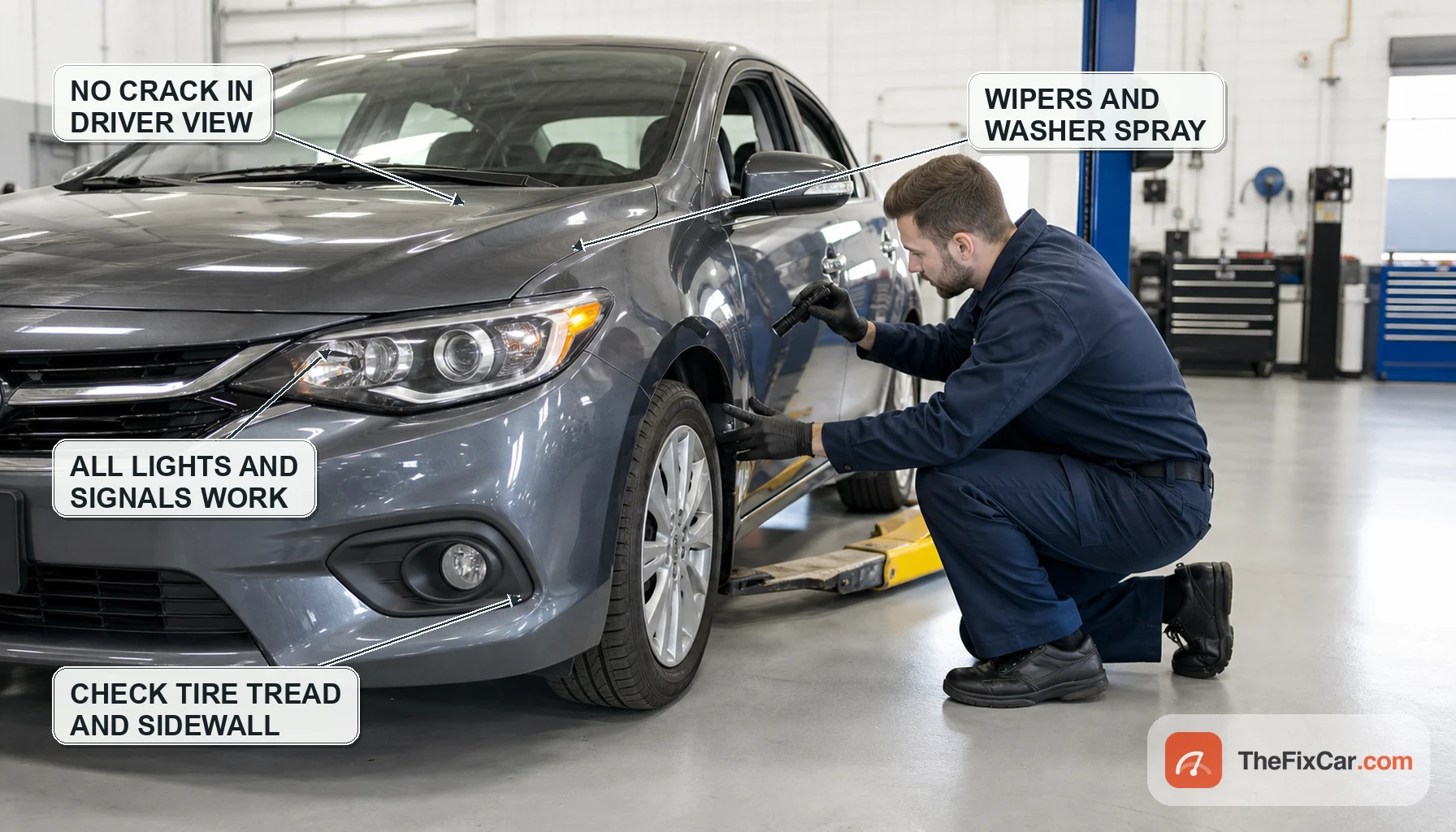 Technician inspecting a car with labeled safety points: check tire tread and sidewall, all lights and signals work, wipers and washer spray, and no crack in the driver's view