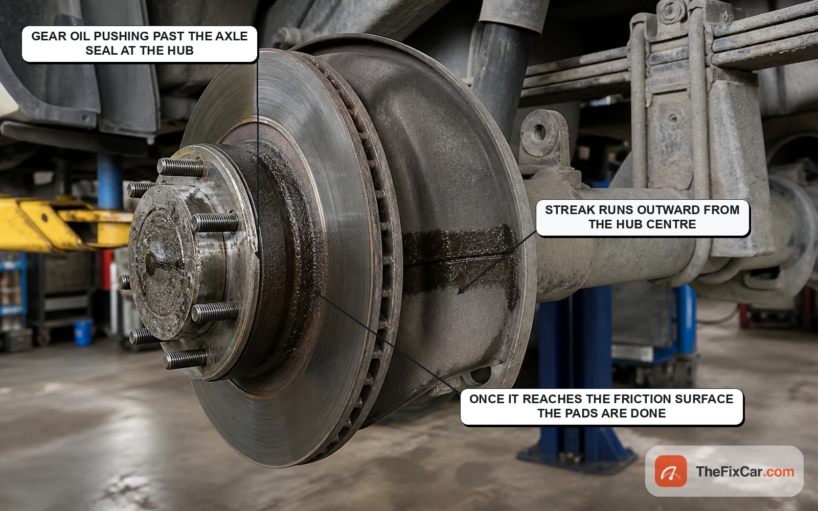 Rear brake rotor and backing plate with a dark gear oil streak spreading outward from the axle flange, with callouts explaining the leak path