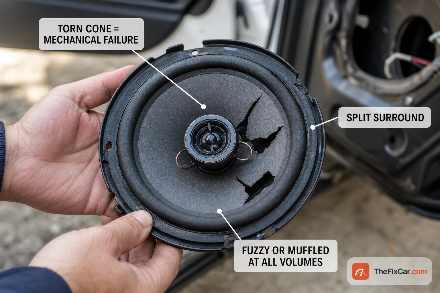 A removed car door speaker held in hands showing a torn cone and split surround, the mark of a blown speaker that sounds fuzzy at all volumes