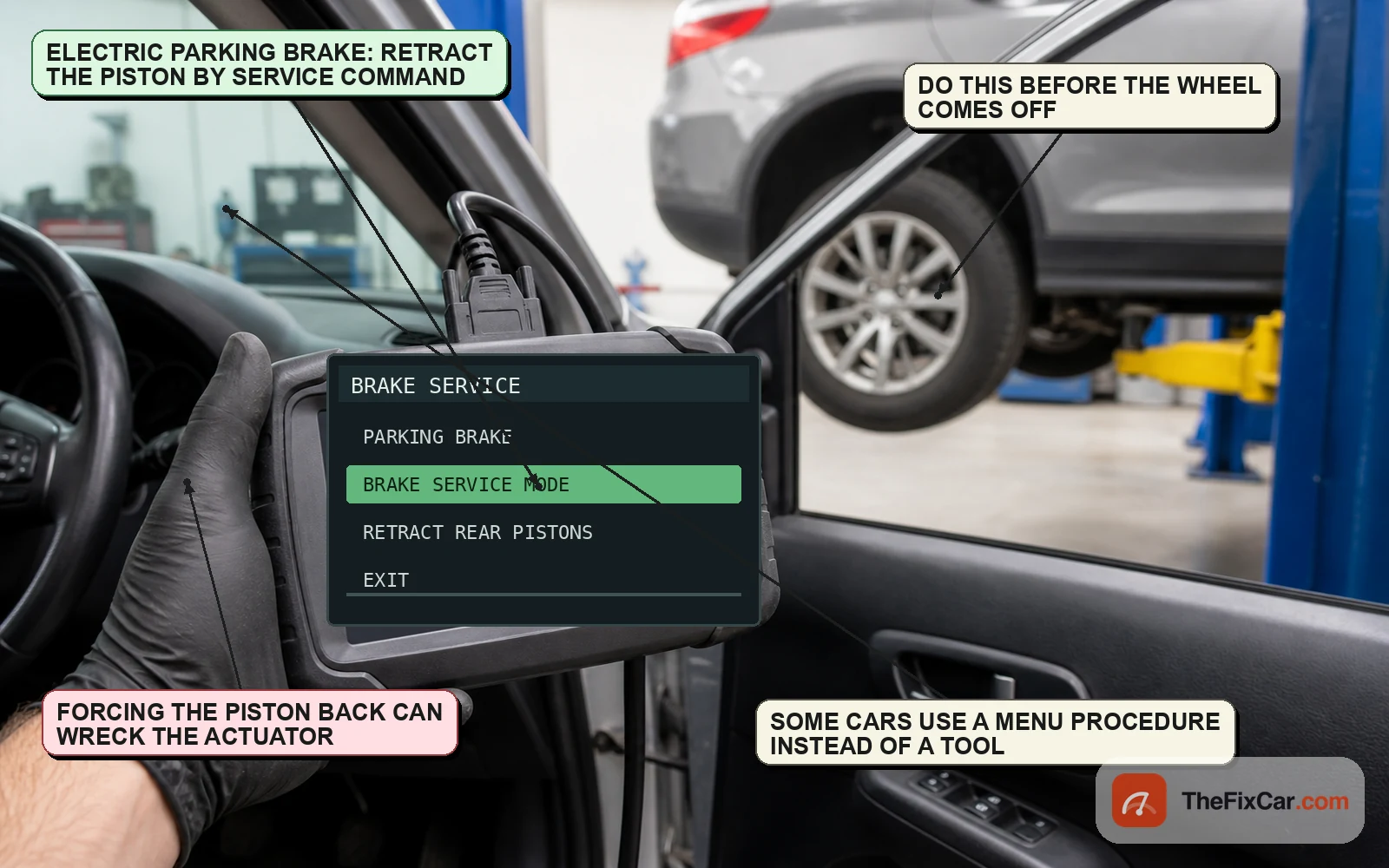 Scan tool showing a brake service mode menu with retract rear pistons, used before removing a wheel on an electric parking brake car