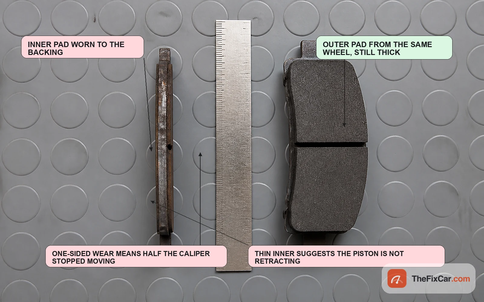 Brake pad worn to the backing plate beside a still-thick pad from the same wheel, with a ruler for scale