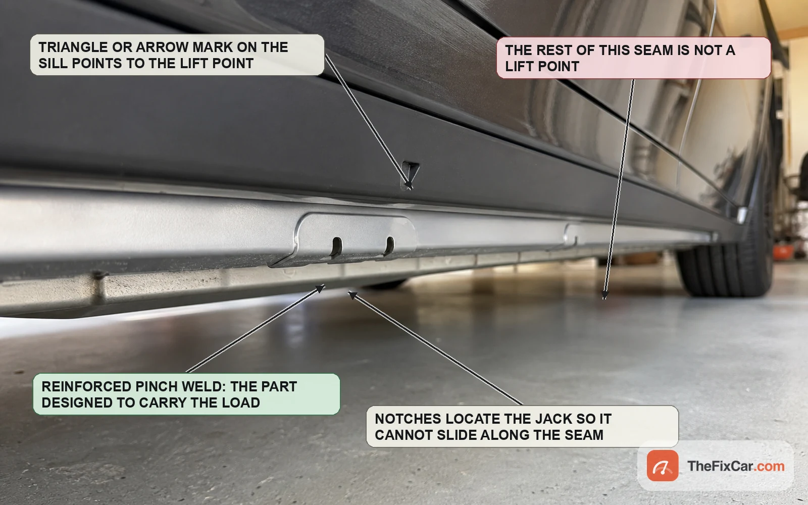 Triangular jack point marker on a car sill above a reinforced pinch weld with locating notches