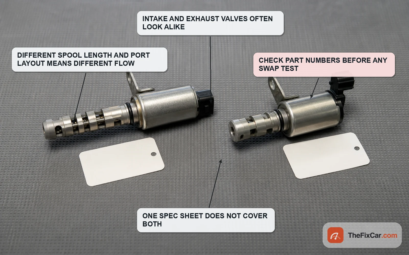 Two similar looking VVT oil control solenoids side by side with different spool lengths and port layouts