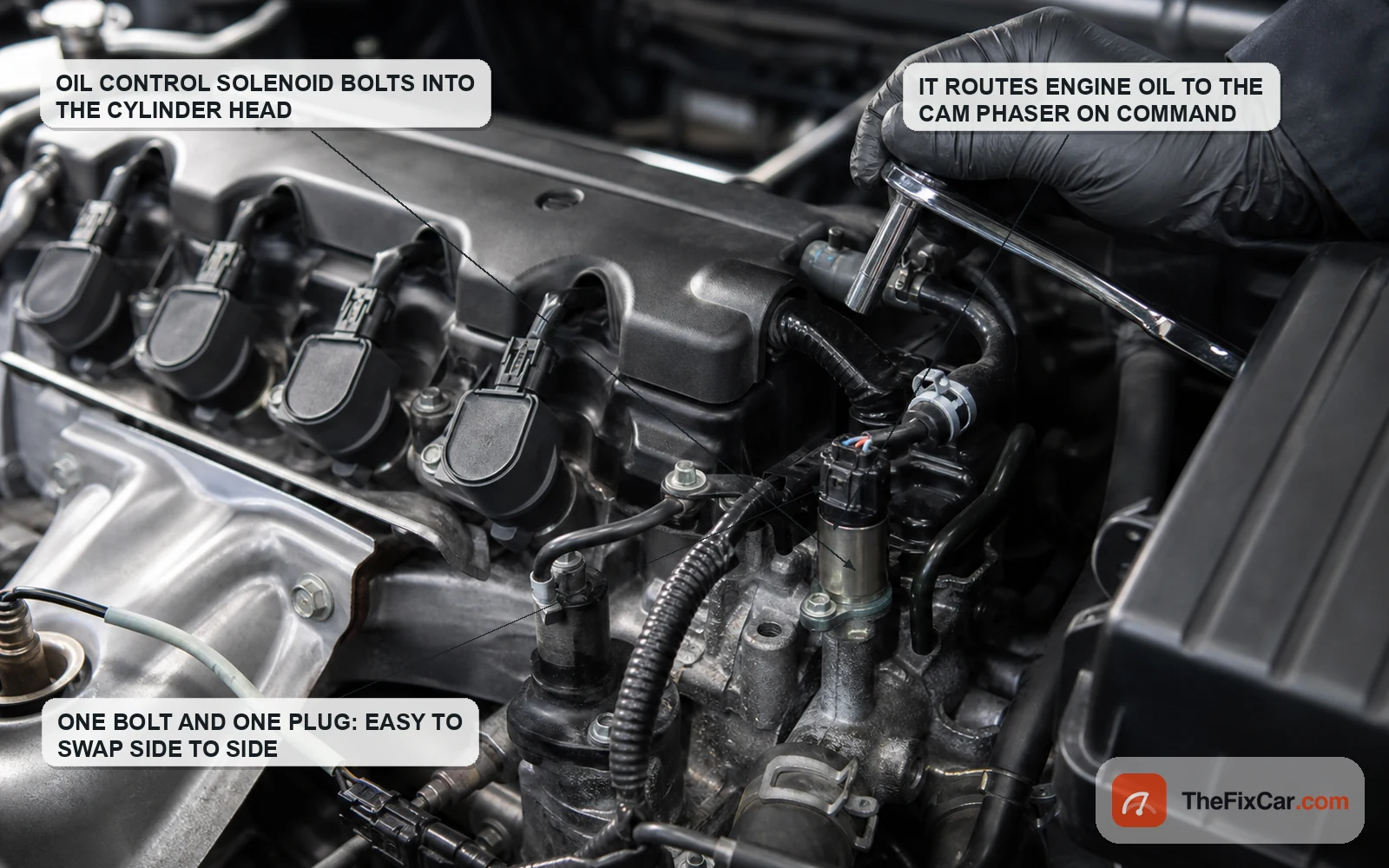 VVT oil control solenoid bolted into the front of a cylinder head with callouts explaining what it does and how it mounts