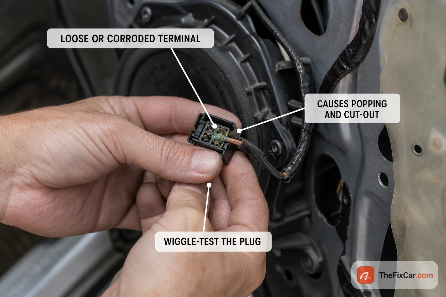 Inspecting a corroded, loose car speaker wire connector behind the door panel, a common and cheap cause of popping and cut-out